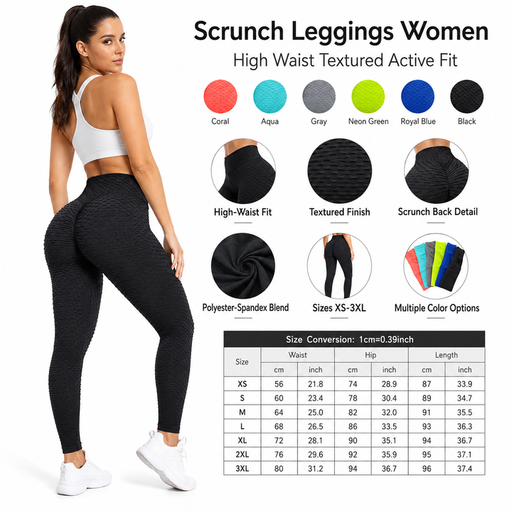 Scrunch leggings women collage showing high waist, textured finish, back scrunch detail, color options and size guide.