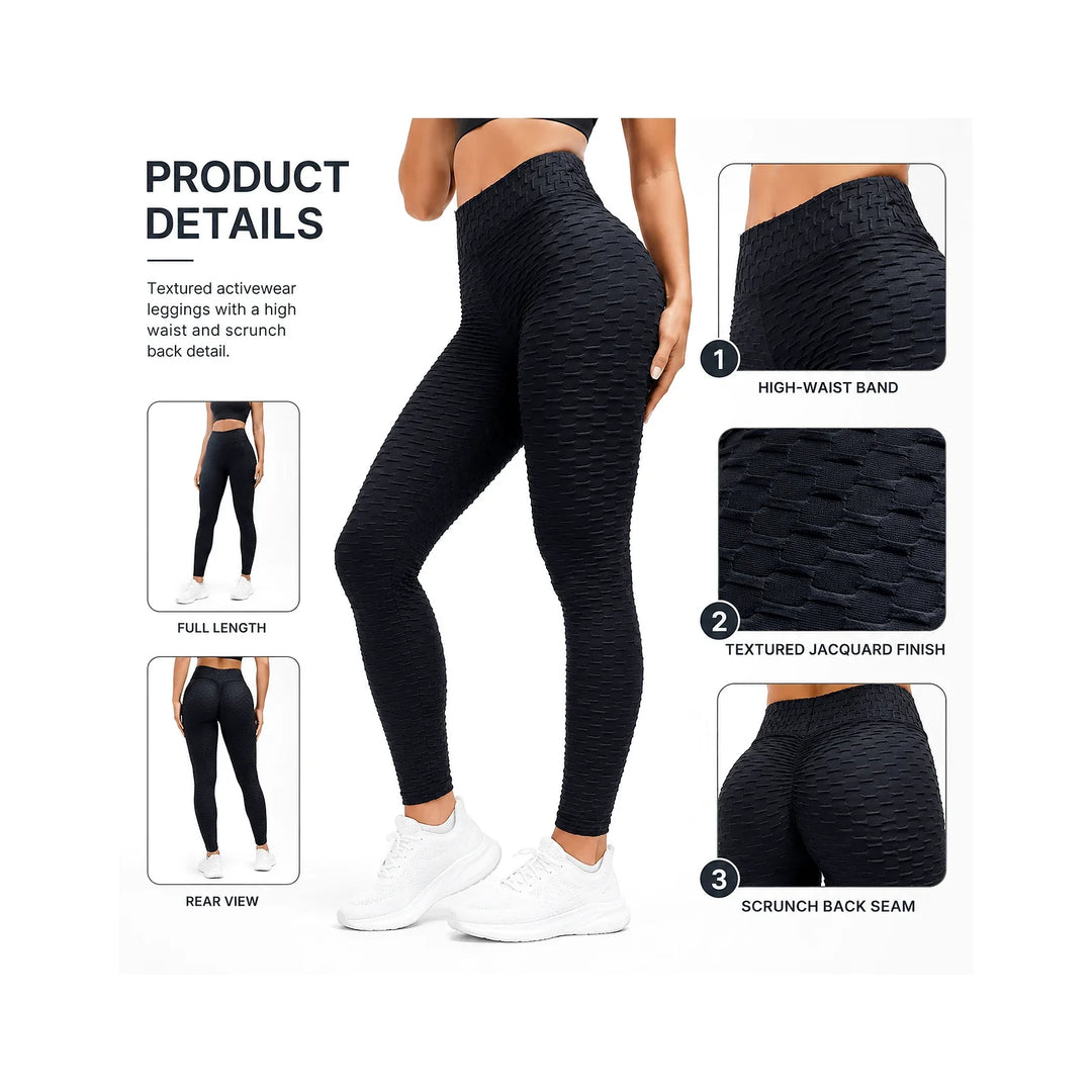 Scrunch leggings product details image showing the textured finish, high waistband, fitted shape and visible seam construction.