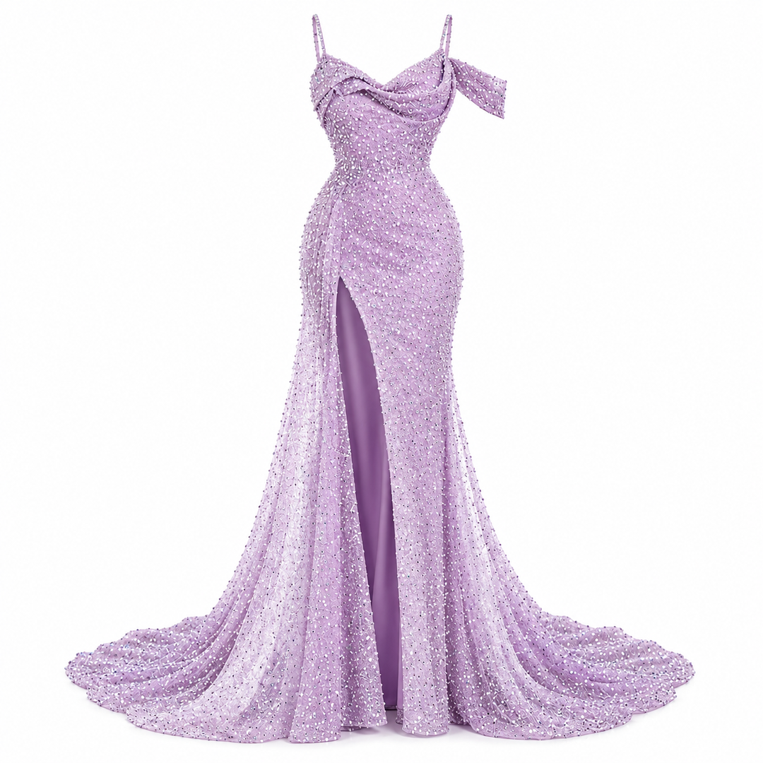 Violet sequin evening dress product-only front view showing the full-length shape, high slit, sequins and shoulder detail.