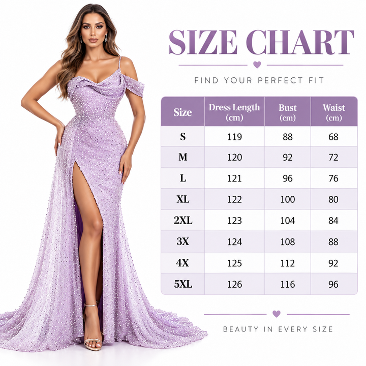 Violet sequin evening dress with model and size chart showing dress length, bust and waist measurements from S to 5XL.
