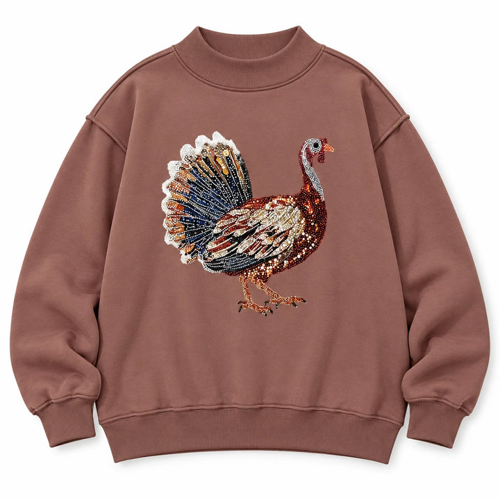 Dark brown sequin Thanksgiving sweatshirt with turkey graphic on a white background