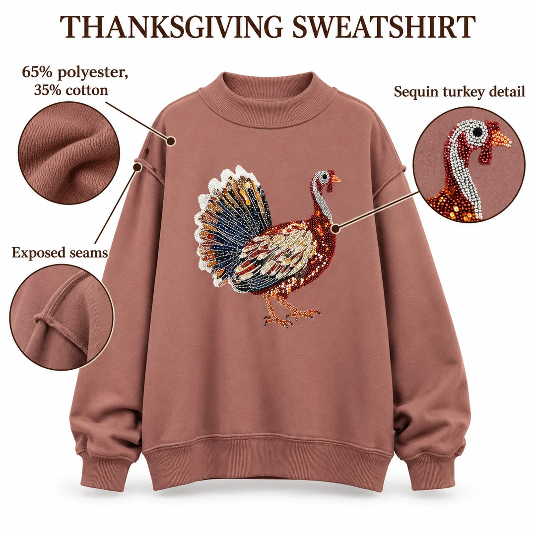 Thanksgiving sweatshirt feature guide showing fabric blend, sequin motif and exposed seams
