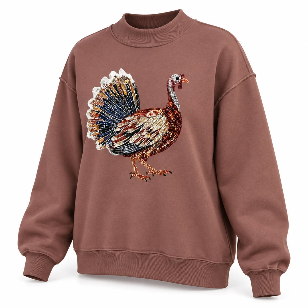 Three-quarter view of the dark brown sequin turkey sweatshirt