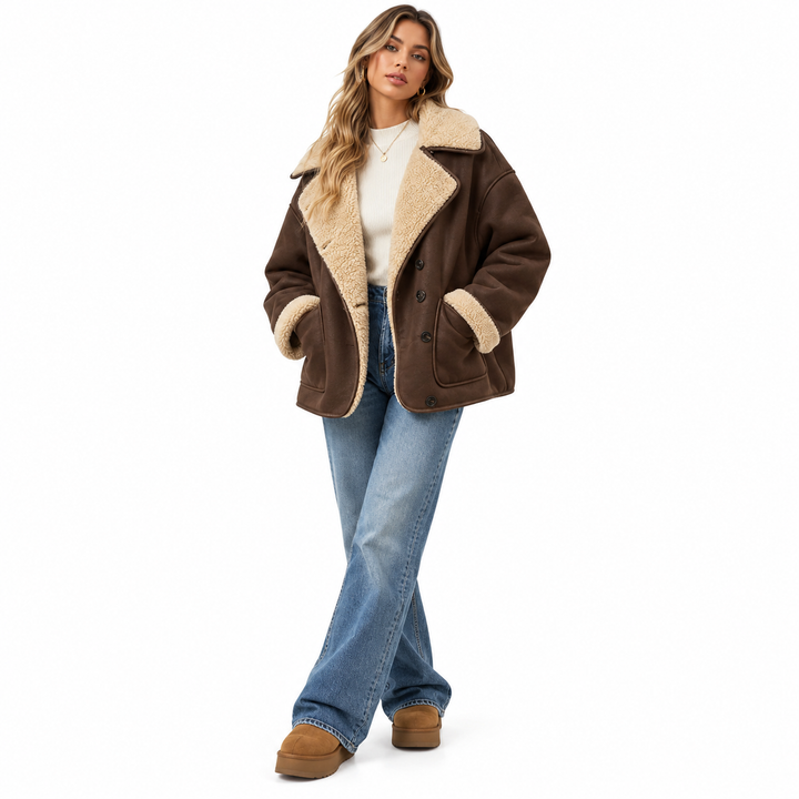 Coffee brown sherpa-lined button coat on a full-body female model, three-quarter front view