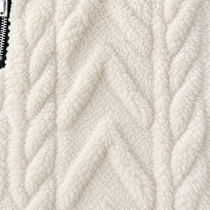 Close-up of white raised cable-pattern sherpa texture with the black zipper and metal teeth visible along the left-hand edge.