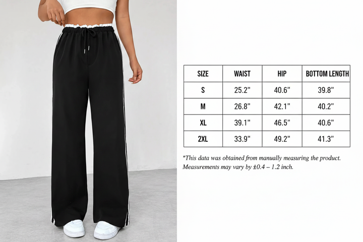 Drawstring wide leg pants shown with sporty everyday styling