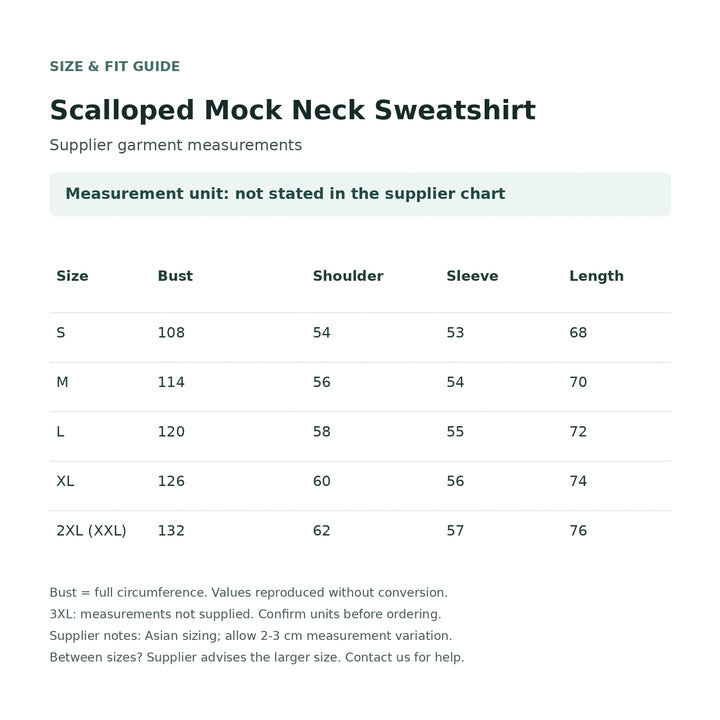 Supplier size chart with bust, shoulder, sleeve and length values: S-2XL; units are unstated and 3XL measurements are missing