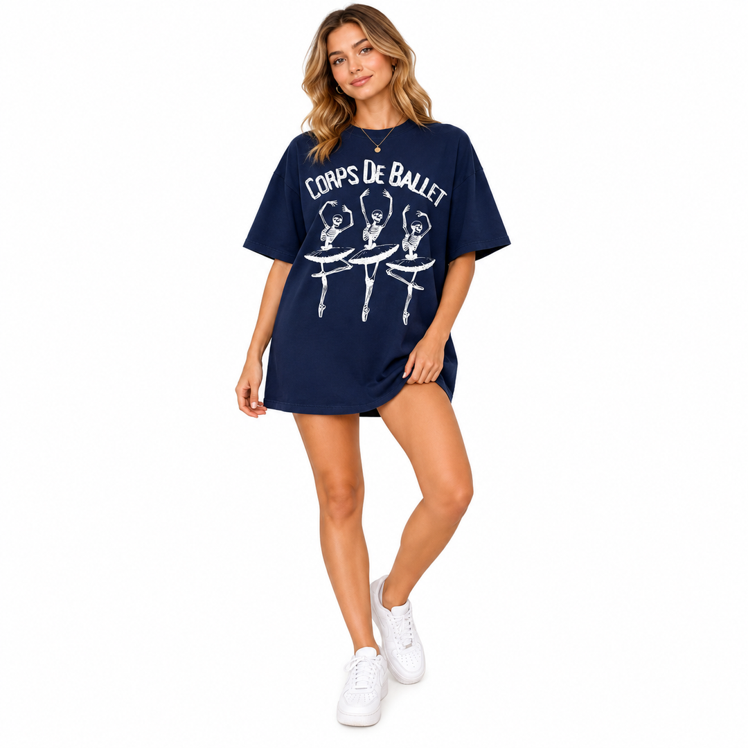 Navy skeleton ballerina T-shirt dress styled on full-body model