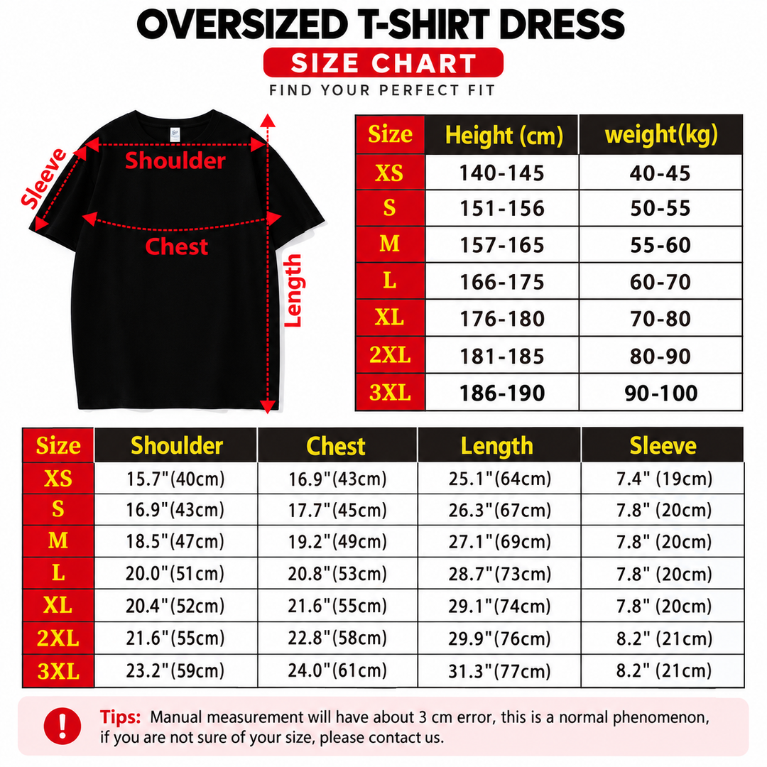 Skeleton ballerina T-shirt dress size chart with verified XS to 3XL measurements