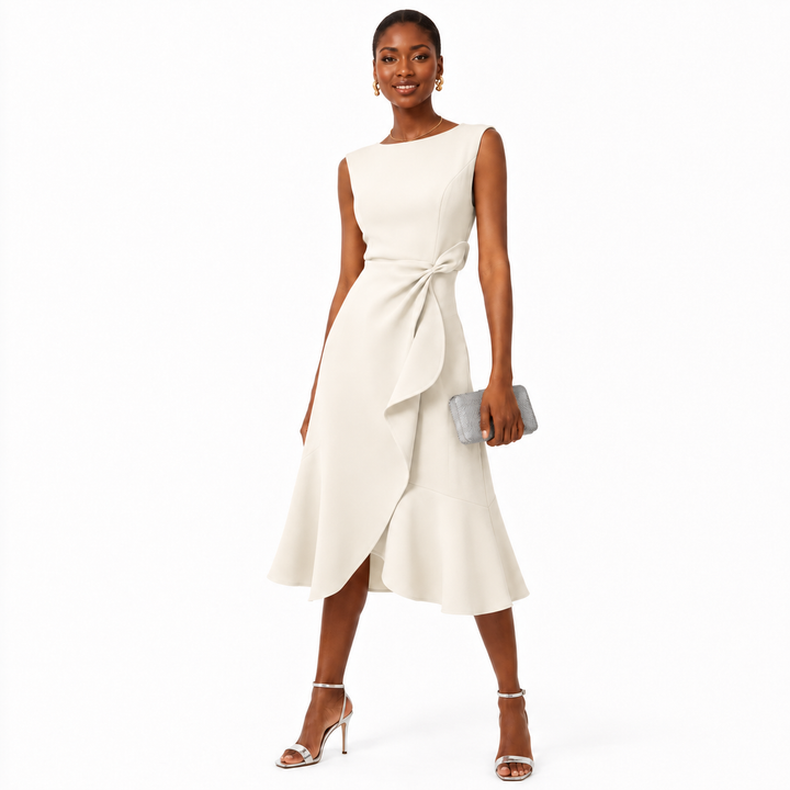Sleeveless bow-knot midi dress in cream with sculpted waist detail, asymmetric drape and full-length model on a white background.
