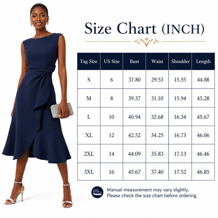 Sleeveless bow-knot dress size chart in inches with navy model and measurements for S through 3XL on a white background.