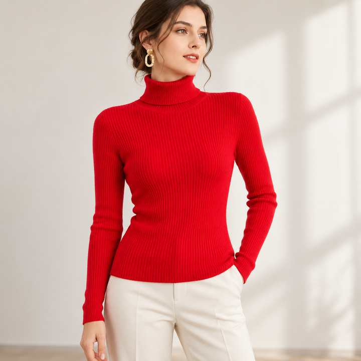 Professional model wearing a slim fit turtleneck sweater for women, with a close silhouette and structured high knit neckline
