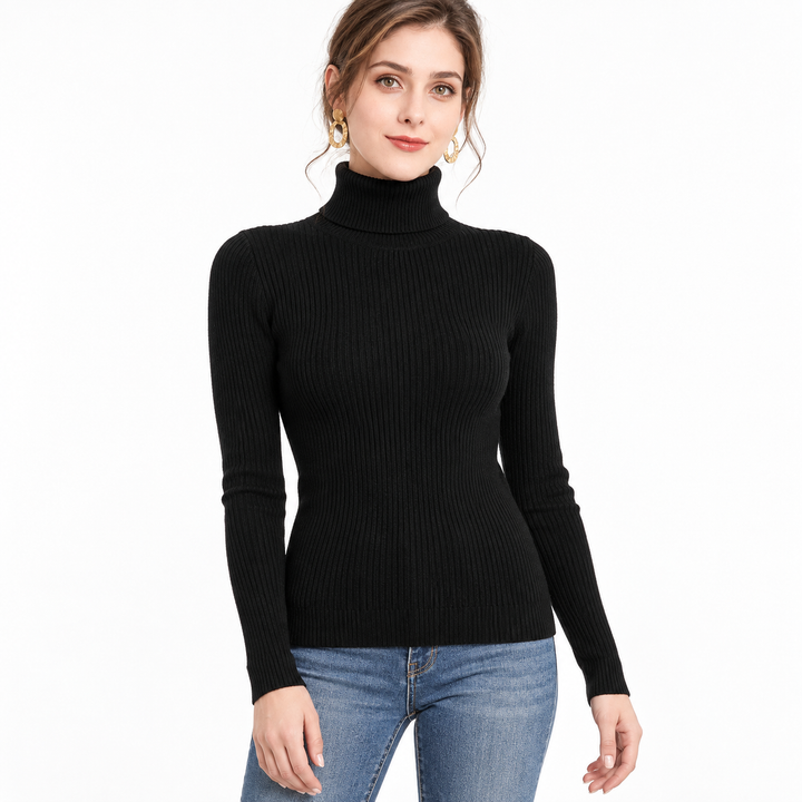 Slim fit turtleneck sweater for women shown on a professional model, highlighting the thick ribbed knit and its long sleeves.