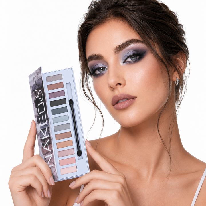 Smoky 12-Color eye shadow variant shown with a cool-toned makeup look on model, displayed clearly for color reference online.