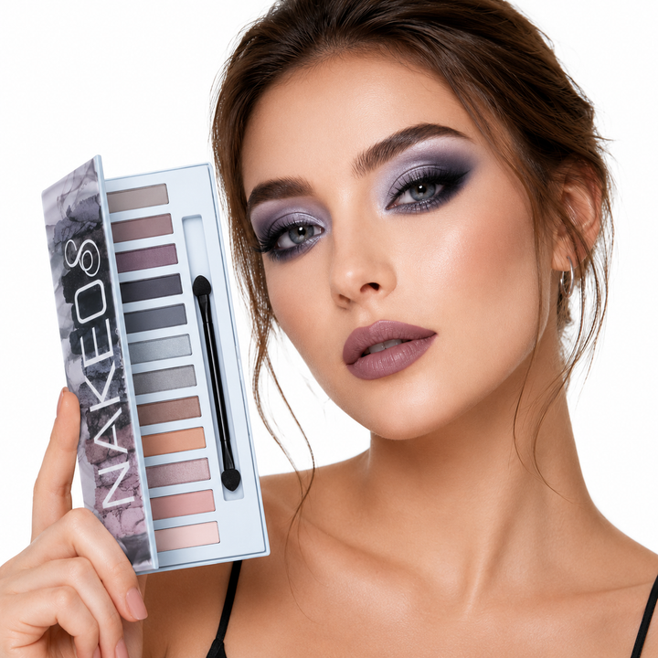 Smoky eye shadow variant shown with cool lavender-gray eye makeup on model, displayed clearly for design detail for shoppers.