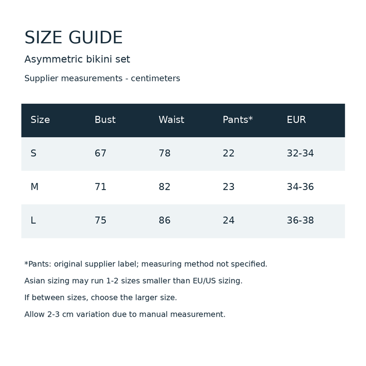 Size guide for the asymmetric bikini set with supplier bust, waist, pants and EUR measurements for S, M and L in centimeters.