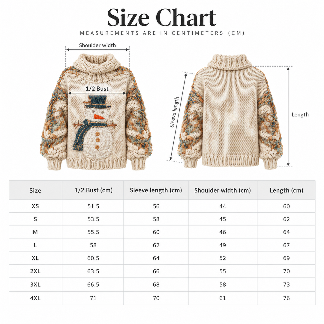 Snowman knit sweater size chart with verified XS to 4XL measurements in centimeters