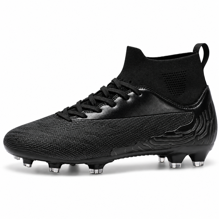 All-black soccer cleat in side profile on a white background, showing the textured upper, ankle collar and molded outdoor studs.