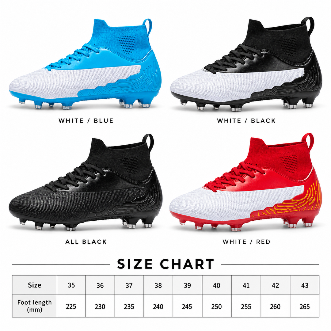 Soccer cleat color options with size chart for sizes 35 to 43 and foot lengths from 225 to 265 mm on a clean white layout.