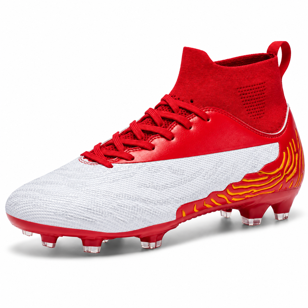 White and red soccer cleat in a three-quarter studio view showing red laces, ankle collar, textured upper and molded studs.