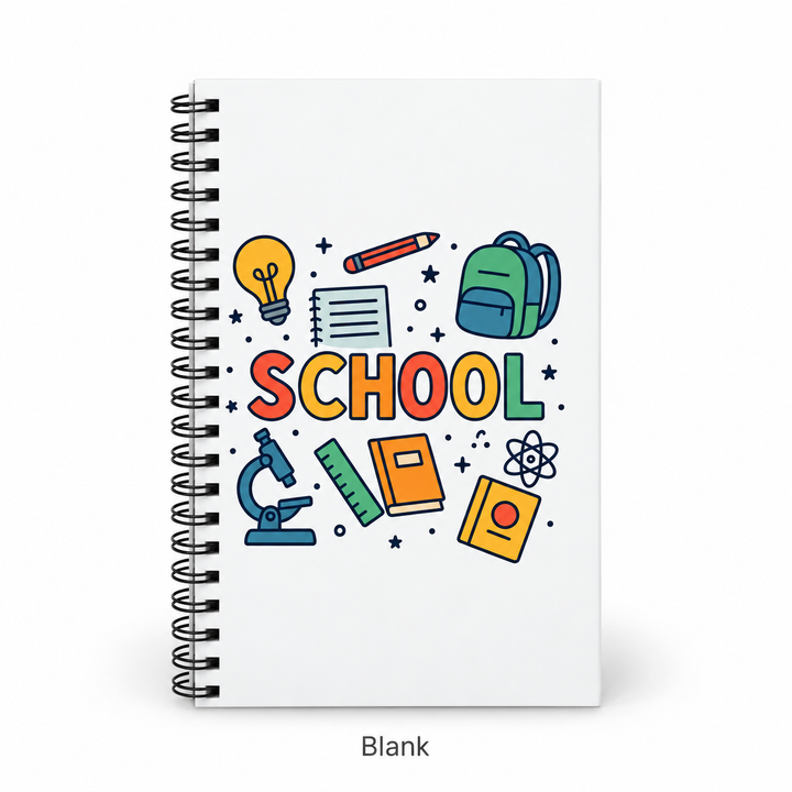Blank paper spiral journal variant with colorful SCHOOL cover design shown front-facing on a clean white background.