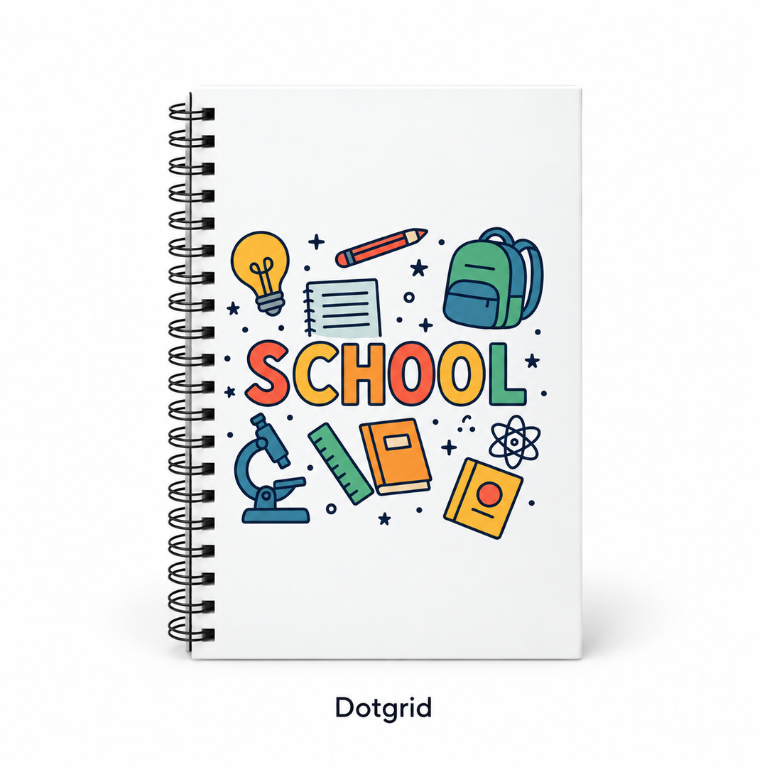 Dotgrid paper spiral journal variant with colorful SCHOOL cover design shown front-facing on a clean white background.