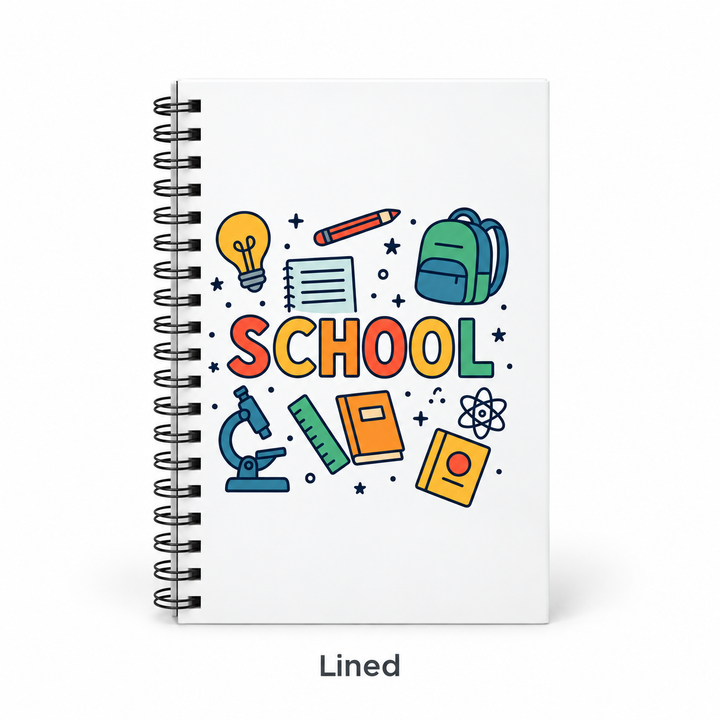 Lined paper spiral journal variant with colorful SCHOOL cover design shown front-facing on a clean white background.