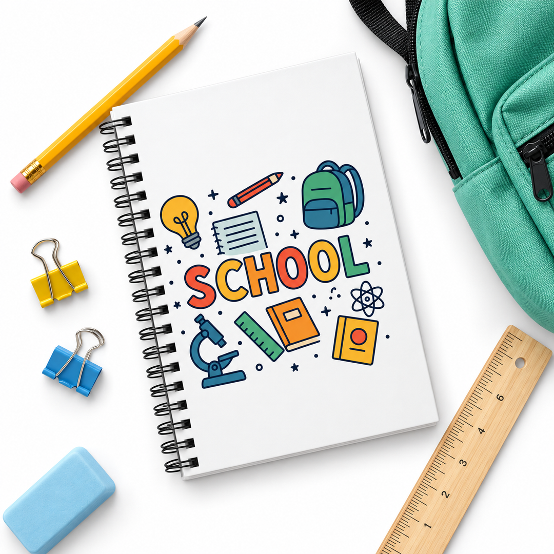 Spiral journal with colorful SCHOOL cover arranged with back-to-school accessories in a clean white flat-lay product scene.