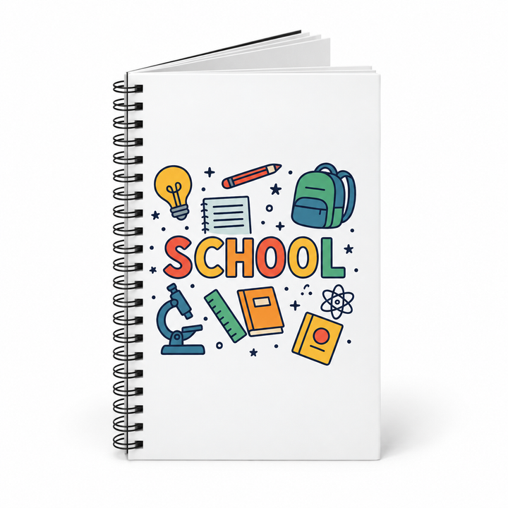 Spiral journal notebook with colorful SCHOOL cover design shown in a clean studio product view on a white background.