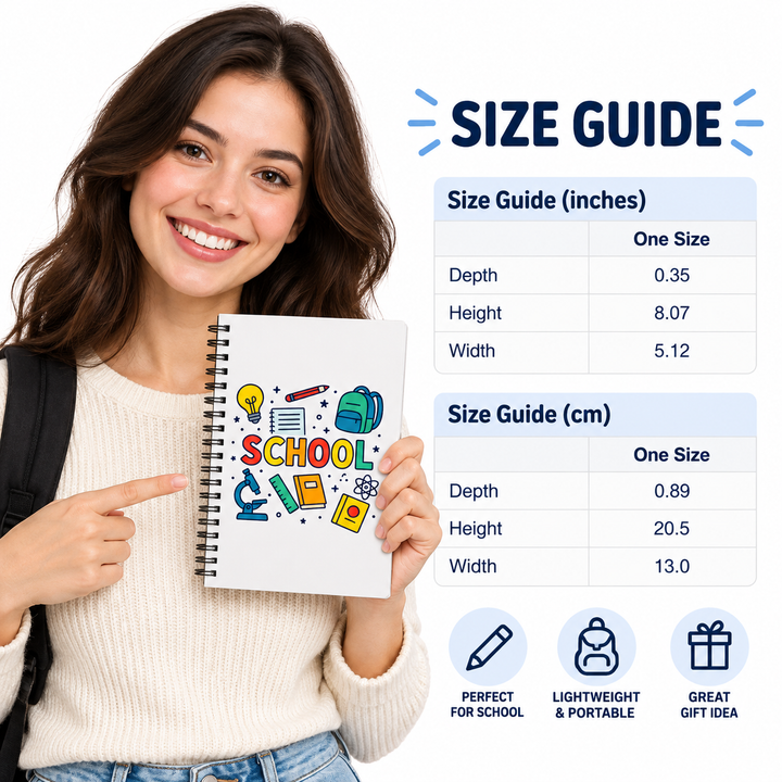 Spiral journal size guide with student model and verified One Size dimensions in inches and centimeters on white.