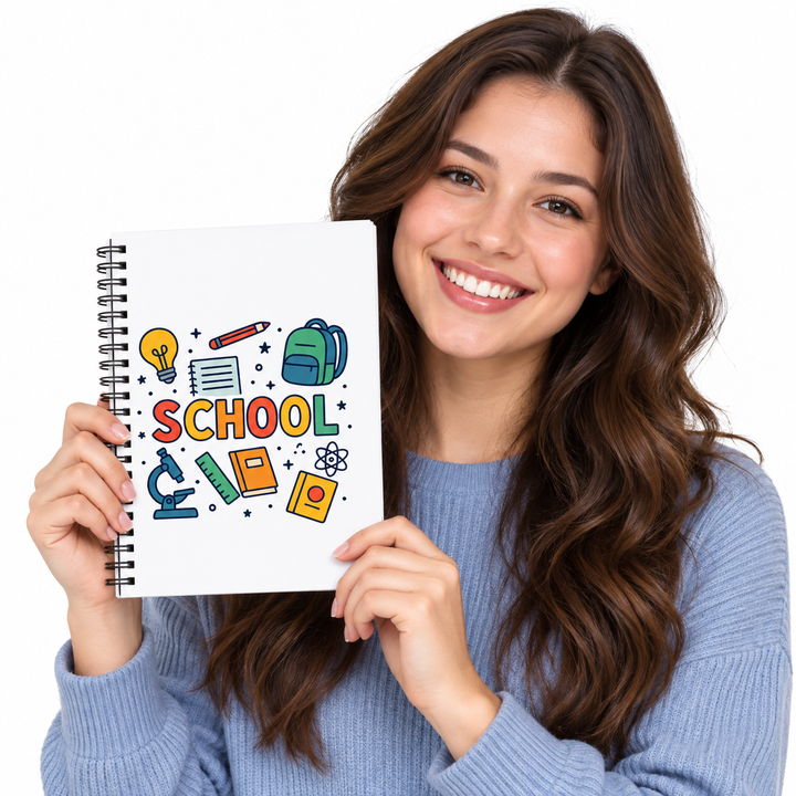 Student model holding the spiral journal with colorful SCHOOL cover design against a clean white studio background.