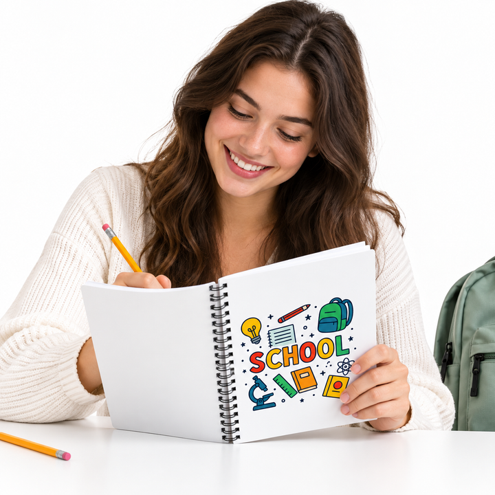 Student using the spiral journal at a clean desk with school accessories while the colorful SCHOOL cover remains visible.