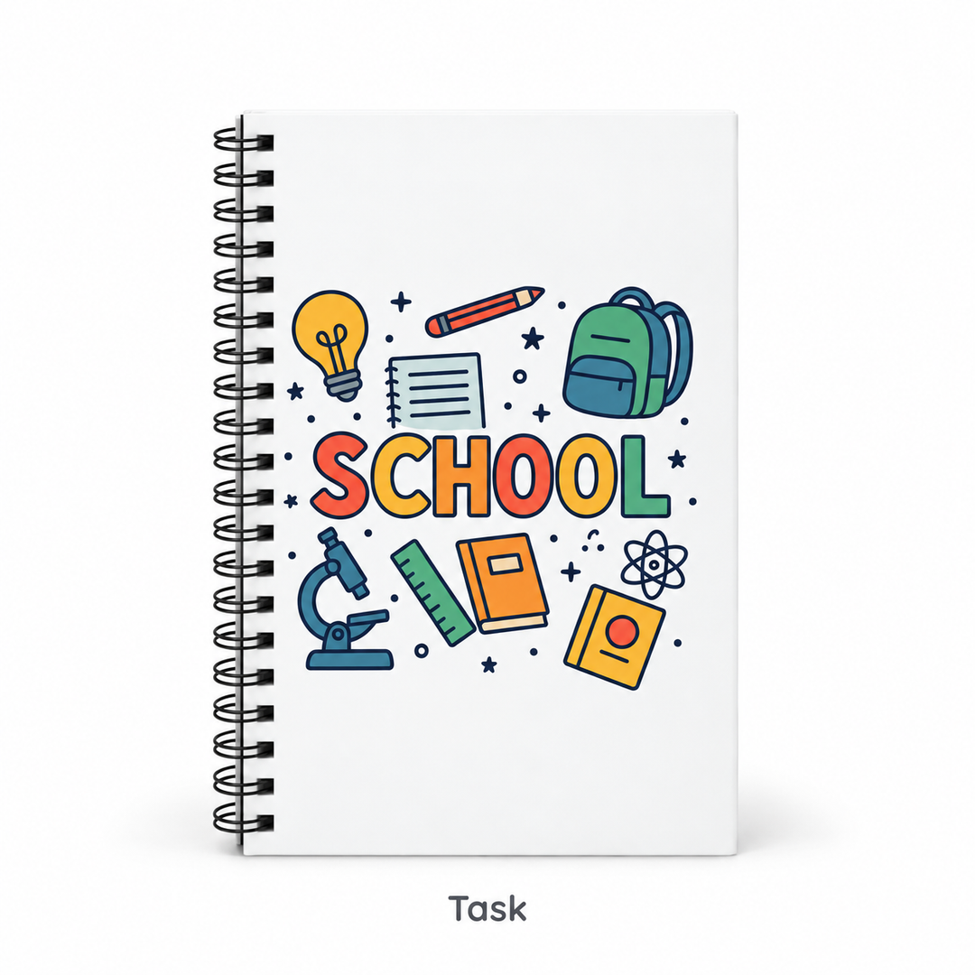 Task paper spiral journal variant with colorful SCHOOL cover design shown front-facing on a clean white background.