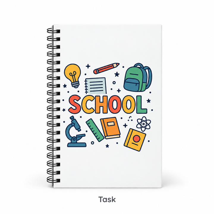 Task paper spiral journal variant with colorful SCHOOL cover design shown front-facing on a clean white background.