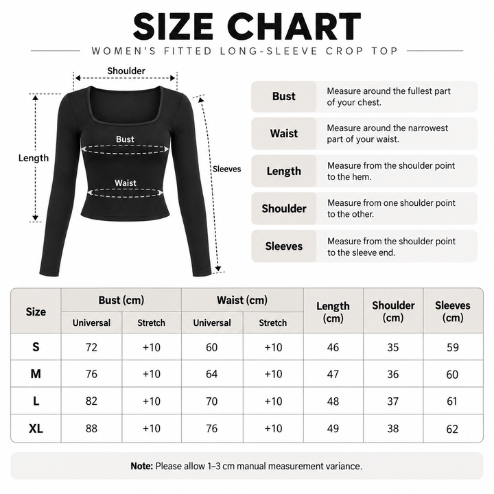 Square neck long sleeve top size chart for S, M, L, and XL measurements.