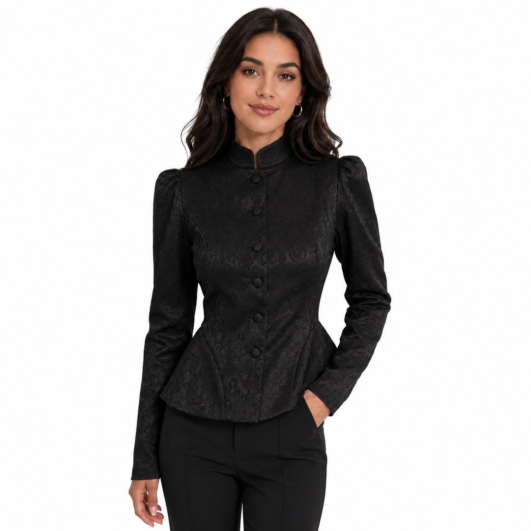 Black stand collar blazer for women with tonal jacquard texture, covered buttons, long sleeves and structured peplum styling.