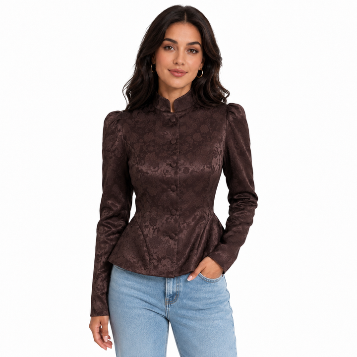 Dark brown stand collar blazer for women with floral jacquard texture, covered buttons, long sleeves and shaped fitted waist.