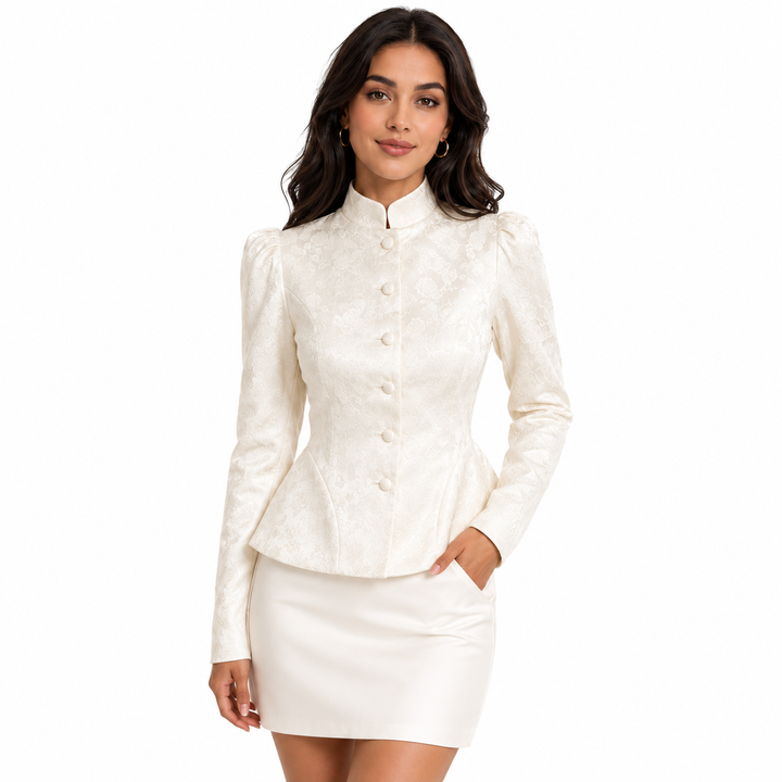 Ivory stand collar blazer for women with tonal jacquard texture, covered buttons, long sleeves and elegant peplum silhouette.