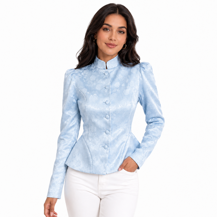 Light blue stand collar blazer for women with floral jacquard texture, covered buttons, long sleeves and tailored waist shape.