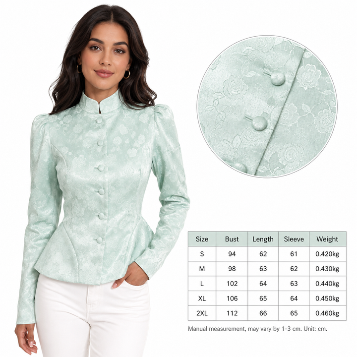 Mint green stand collar blazer for women with floral jacquard texture, covered buttons, long sleeves and fitted peplum shape.