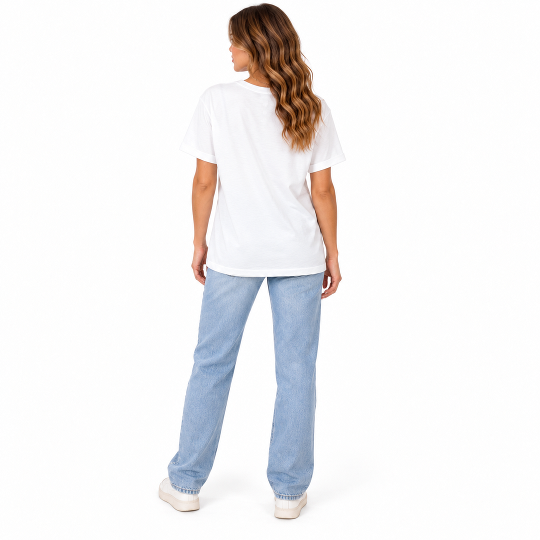 White oversized graphic T-shirt shown from the back on a full-body model