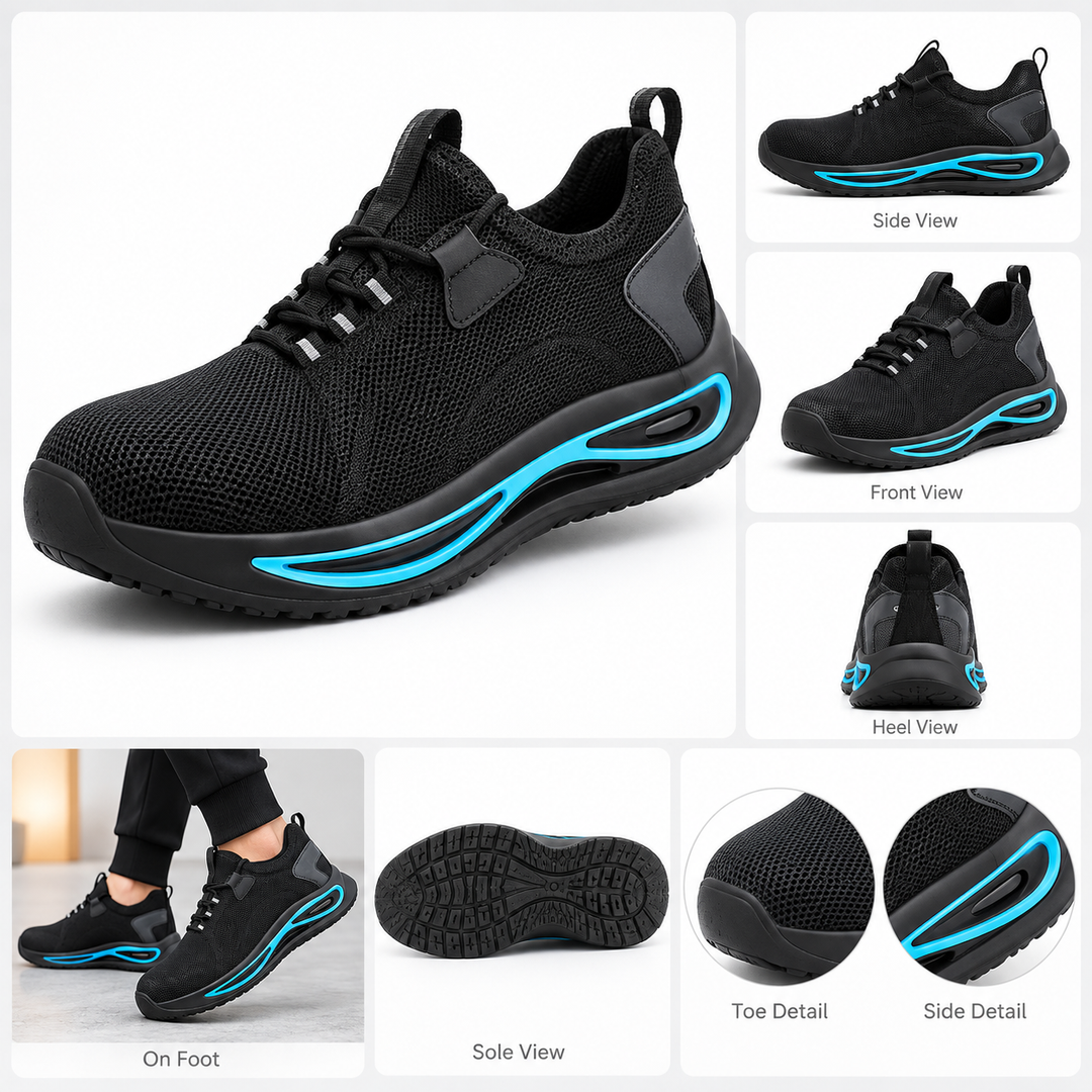 Black safety shoes with blue trim shown on foot, highlighting the low-cut work profile, lace-up upper and rugged sole shapes.