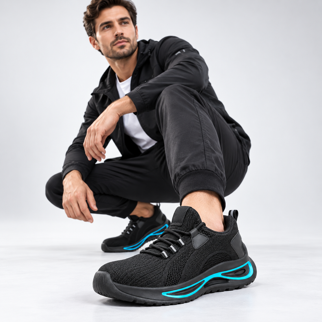 Steel toe safety shoes for men in black with blue trim, shown in a clean hero view with lace-up design and rugged work soles.