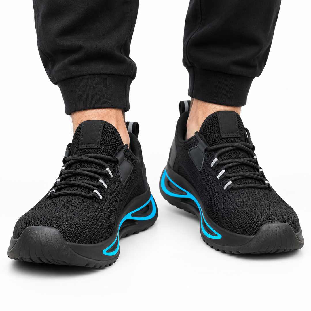 Steel toe safety shoes for men shown from front, with black knit upper, blue trim, lace-up closure and reinforced toe detail.