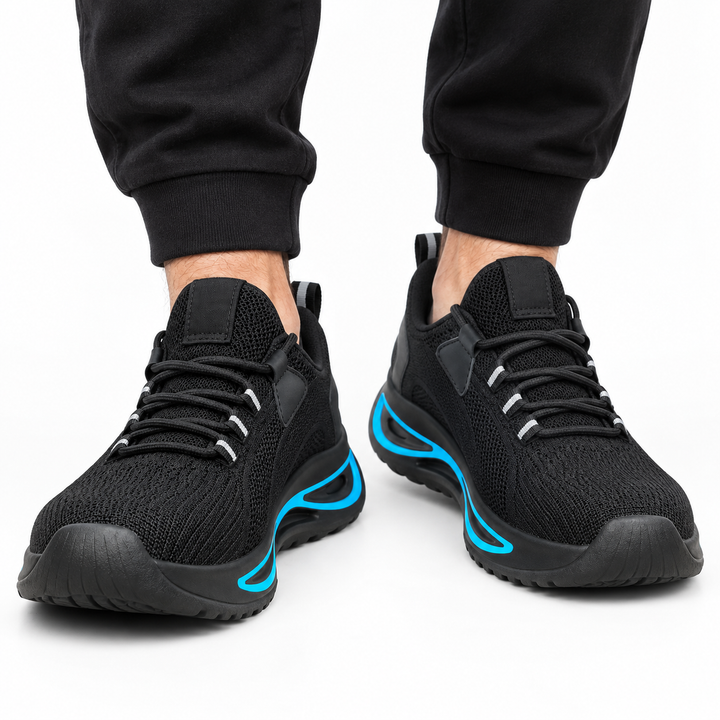 Steel toe safety shoes for men shown from front, with black knit upper, blue trim, lace-up closure and reinforced toe detail.