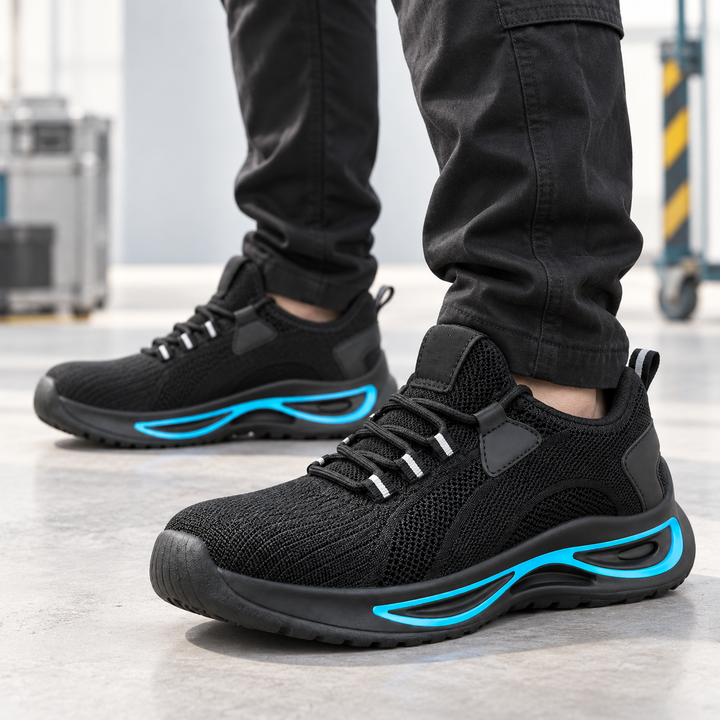 Steel toe safety shoes for men worn by a model showing black knit upper, blue trim, low-cut shape and rugged outsole profile.