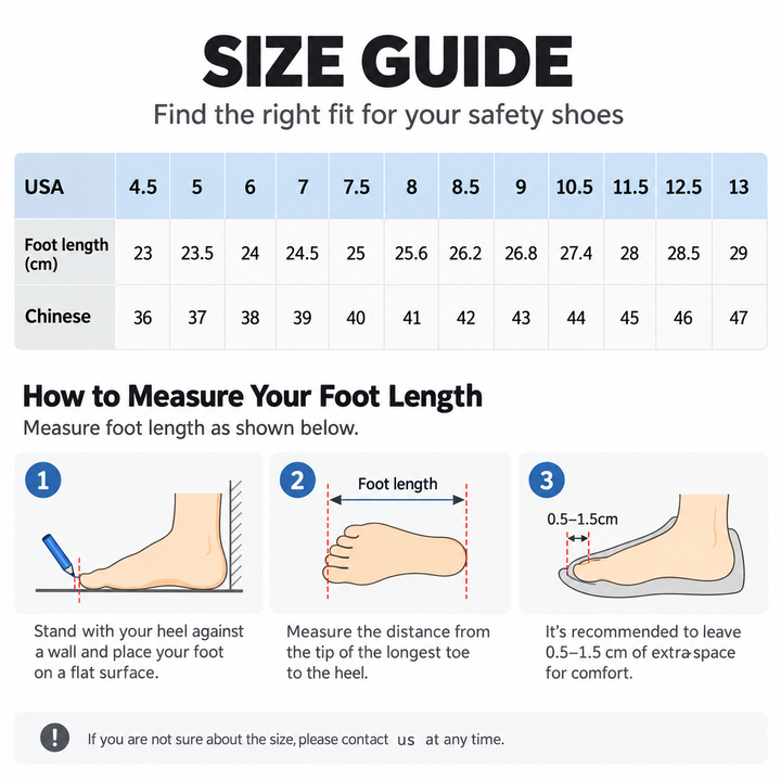 Safety shoe size guide with EU 39-44, US 7-10.5 and verified foot lengths from 24.5 to 27.4 cm for clear buyer size selection