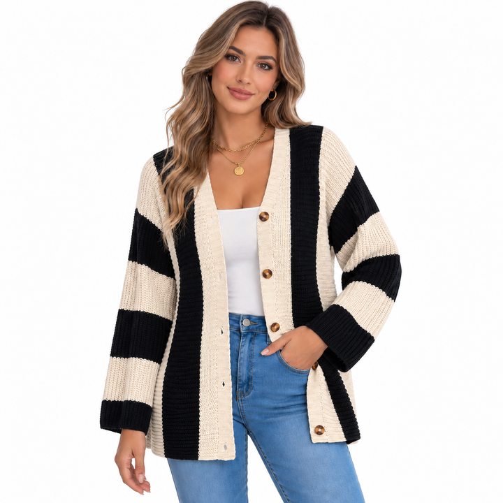 Apricot and black striped cardigan for women shown on a model against a clean white studio background