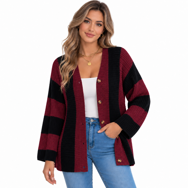 Burgundy and black striped cardigan for women shown on a model in a clean white studio setting