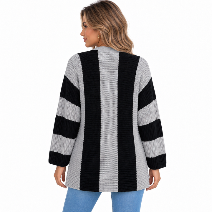 Grey and black striped cardigan back view showing vertical stripe placement and long sleeves on white background